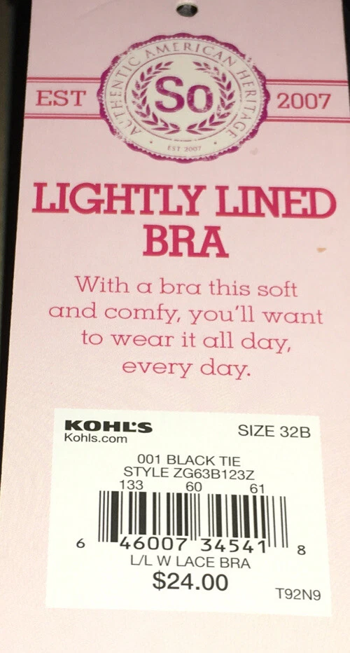 SO BRA BLACK LIGHTLY LINED Underwire SZ 32B Lace Sides new with tags - Image 2 of 4