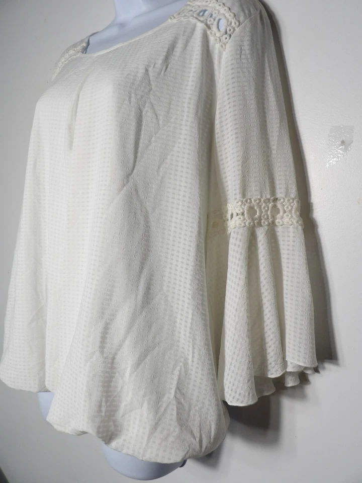 AB Studio Large Tunic Top White Boho Bell Sleeve Eyelet Lined Pleated Hippie Pea - Image 3 of 4