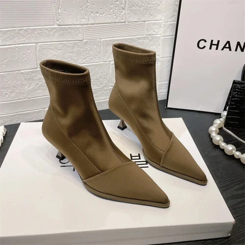 Women High Heels Satin Pointed Toe Autumn Short Boot Thin Heel Stretch Sock Boot - Imagen 4 de 16