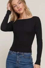 Slim Fit Boat Neck Long Sleeve  Brushed Rib Knit Top