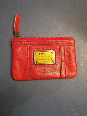 Fossil Leather Coin Purse Womens Red Zip Card Case ID Holder Long Live Vintage