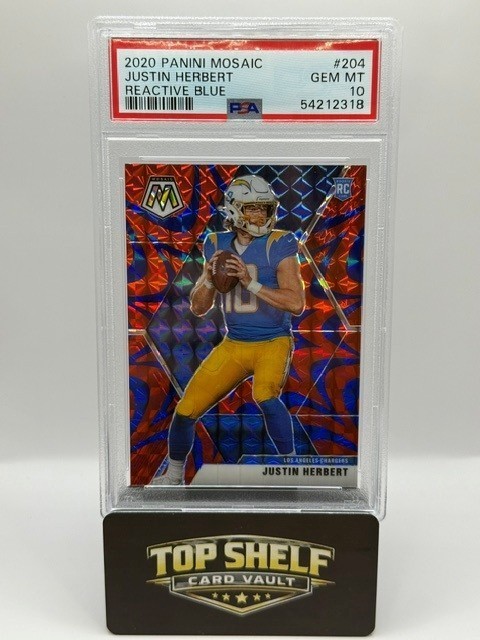 2020 Mosaic Justin Herbert Rookie Reactive Blue Prizm PSA 10 RC #204 Chargers