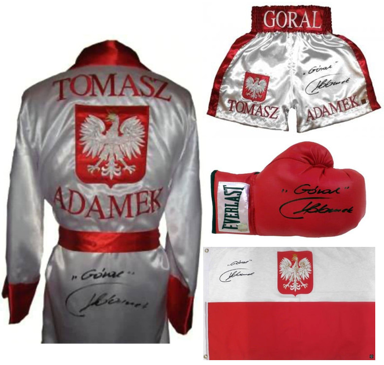 white/red SUPER COMBO: TOMASZ ADAMEK SIGNED Robe, Trunks, Glove and Flag