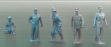 5 VINTAGE BLUE AUBURN RUBBER FIGURES FIREMAN,2 POLICEMEN,BABY WORKER