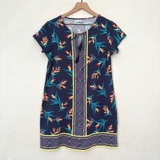 Lands End Women's Swimsuit Cover-up Dress Navy Floral Short Sleeve Tassel Med