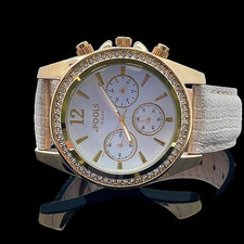 DAMEN CHRONOGRAPH IP GOLD  MIT KRISTALLEN  +  LEDERBAND CREME GOLD SCHMUCKJAGD