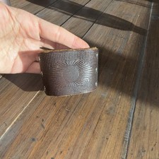 Brown Leather Cuff Bracelet Sunburst Design Adjustable Snap Closure Handmade