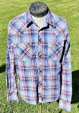 Wrangler Retro Premium Shirt Mens Medium Blue Red Plaid Western Snap Button Yoke
