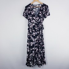 Yours Truly Womens Size 14 Black Pink Floral Maxi Wrap Dress Side Tie Ruffle Hem