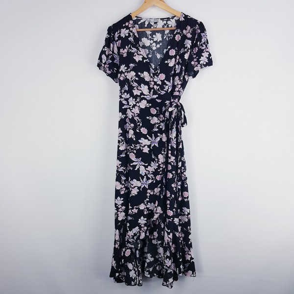Yours Truly Womens Size 14 Black Pink Floral Maxi Wrap Dress Side Tie Ruffle Hem
