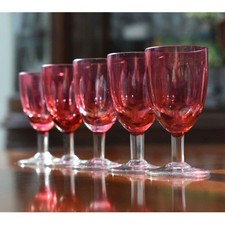 Set of 5 Vintage Ruby Red Cranberry Optical Ribbed Cordial Glasses Stemware