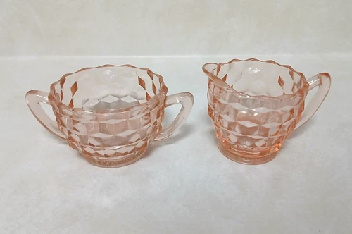 Vintage Jeannette Pink Depression Glass Cubist Creamer & Sugar Bowl Set 1930s