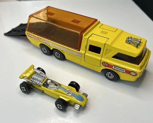 Matchbox SuperKings Race Car Transporter K-7 Yellow With Racing Car Vintage 1973