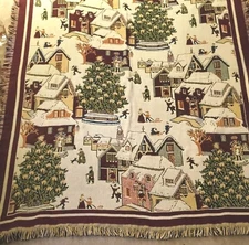 Vintage Crown Crafts Christmas Village Blanket Tapestry 46”X 58” USA 