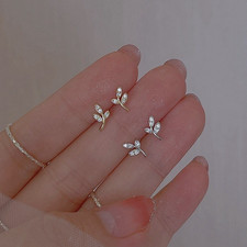 925 Sterling Silver Leaf CZ Crystal Gem Stud Earrings Women Girl Jewellery Gift