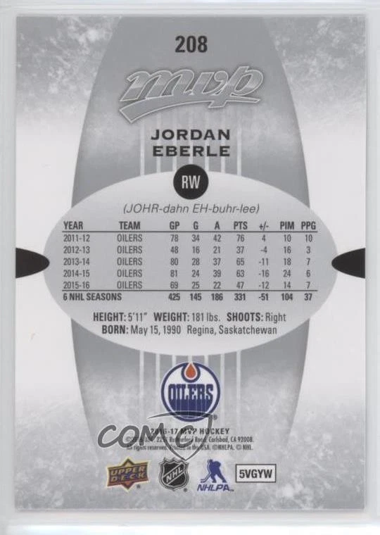 2016-17 Upper Deck MVP High Series Silver Script Jordan Eberle #208 - Image 2 of 2