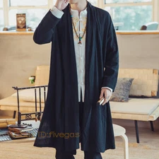 Mens Cardigan Cotton Linen Hemp Cloak Mid Long Coat Windbreaker Vintage M-4XL