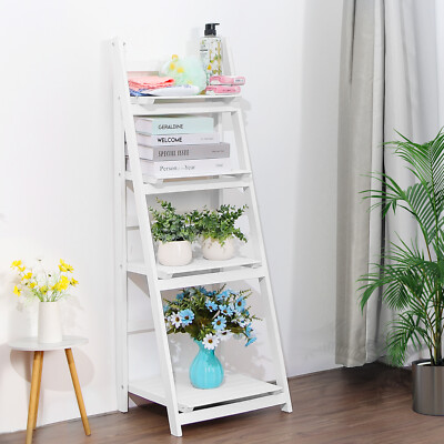 Foldable 4-Tier Ladder Bookcase Storage Rack Plant Stand Shelf Display White USA