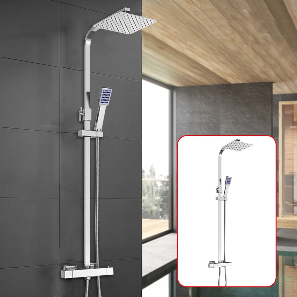 Thermostatic Mixer Shower Set Twin Head Exposed Valve Faucet Square30cm Bathroom - Image 3 of 4
