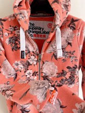 Superdry Full Zip Cotton Fleece Hooded Floral Bomber Orange Label Track Jacket M