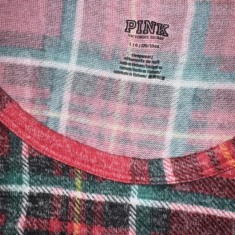 VICTORIA'S SECRET PINK COZY LONG SLEEVE SLEEP TEE PAJAMA TOP PJ LARGE Red Plaid- - Image 4 of 4
