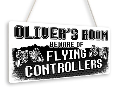 Personalisiert Beliebiger Name Vorsicht Fliegen Controller Gamer Türschild Plakette Vorsicht