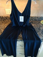 NWT Badgley Mischka Stretch Navy Jumpsuit   Sz 14 Ties Front/Back Zipper 149.