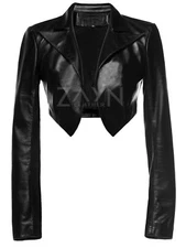 Women's Real Leather Bolero Shrug Long Sleeves Black Cropped Jacket Short Jacket