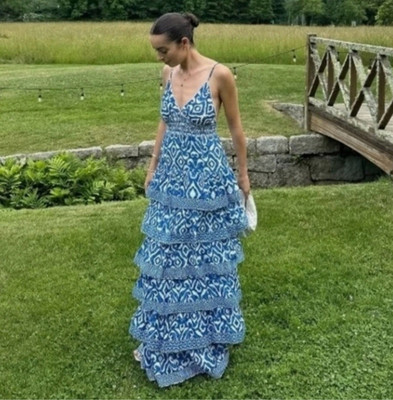 Caroline Constas Dress Women's Large NWT Blue White 100% Cotton Maxi Boho