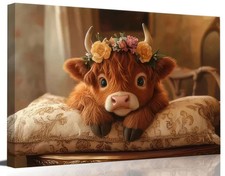 Cute Highland Cow Baby Canvas Wall Art Rustic Farmhouse anadem Print Wall Dec...