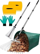 Adjustable Metal Leaf Rake Set Garden Rake for Leaves Long Handle 37"-63" Expand