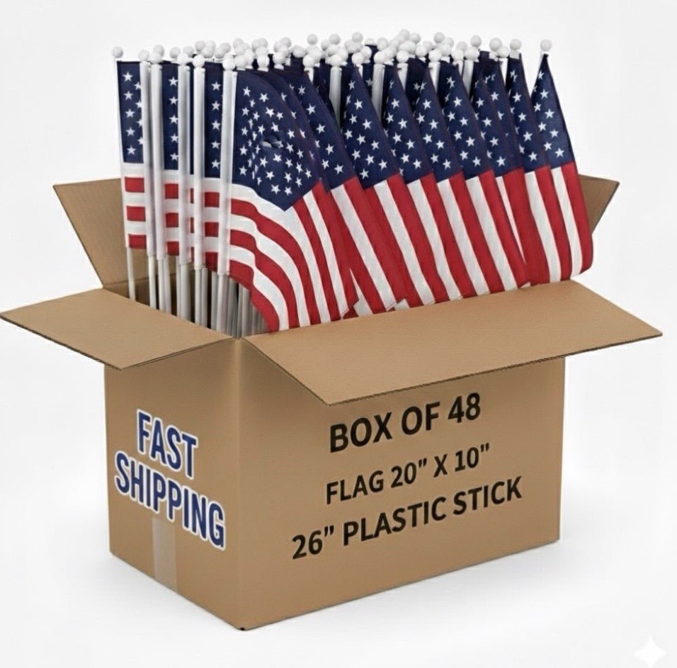American Flag 20” X 10” Includes Display Box  (48Flags)  26”  Plastic Stick