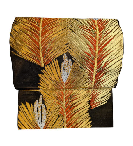 Authentic Japanese Kimono Silk Fukuro Obi Black Gold Young Pine Ready to Wear