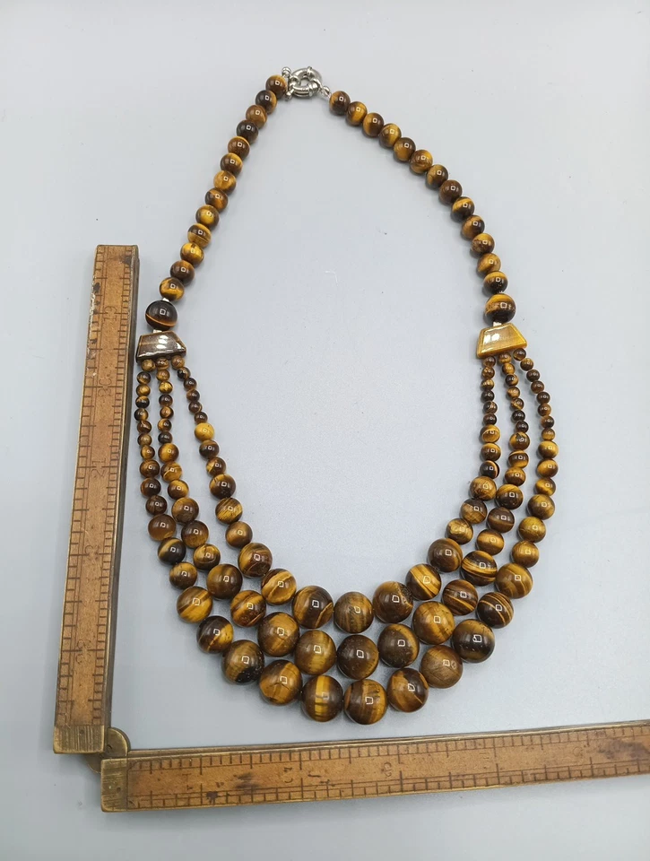 Collar en capas de cuentas redondas de piedras preciosas de 4-12 mm ojo de tigre natural de 3 filas 18-20"" Foto 4 de 4