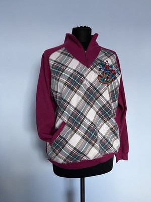 Medium Vintage Paisley Quarter Zip Pink And Tartan Checkered Mod Jumper