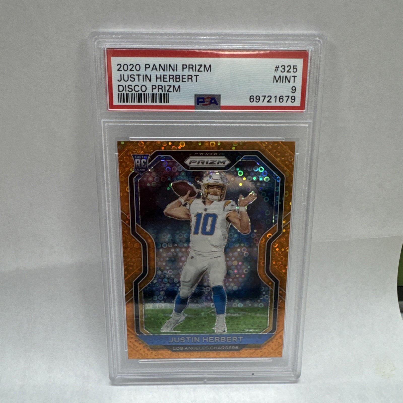2020 Panini Prizm Rookie Justin Herbert Orange Disco Prizm PSA 9