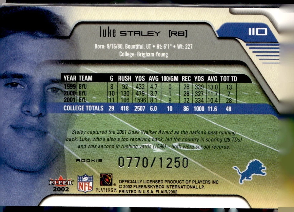 2002 Fleer Flair Luke Staley Rookie /1250 - Image 2 of 2