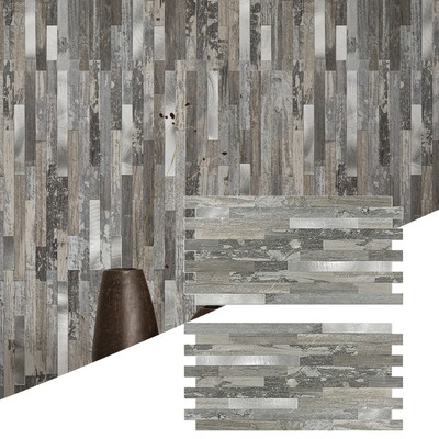 20-Sheets Peel and Stick Vintage Wood Mosaic Wall Tile with Metal Silver Embe...