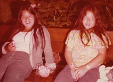 1970s Girls Sisters Friends Smiling Portrait Bench Plants