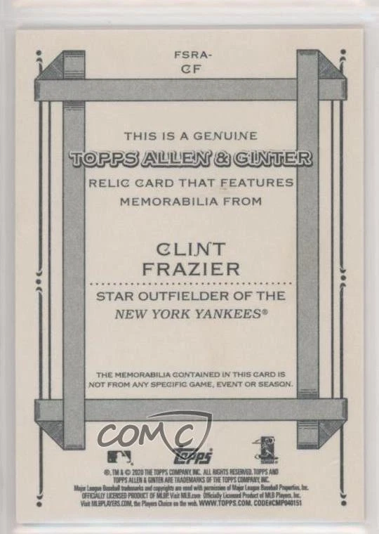 2020 Topps Allen & Ginter's Full Size Relics A Clint Frazier #FSRA-CF - Image 2 of 2