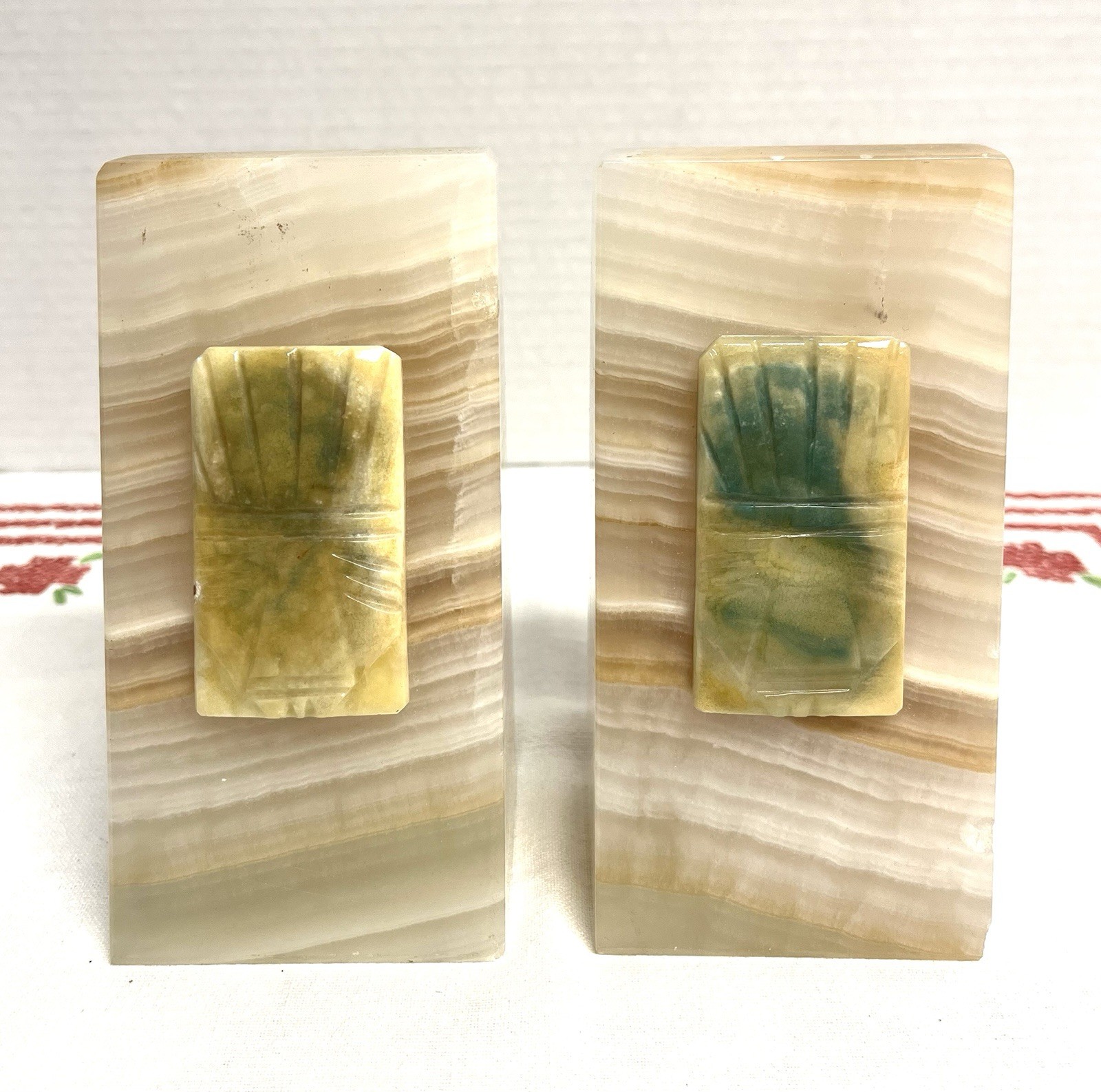Vintage mid century onyx marble bookends hand carved Aztec style faces, vintage wood decor