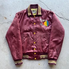 1980s Vintage Autoshop Satin Bomber Jacket Quilted Maroon Size S