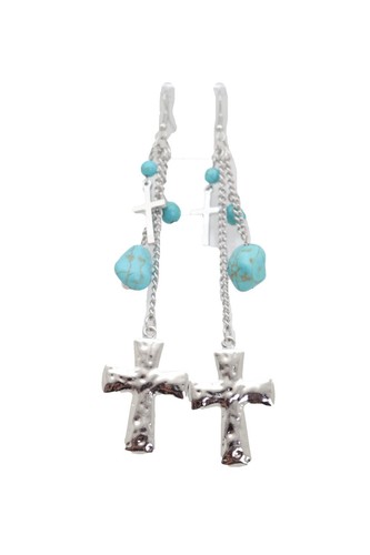 Women Silver Metal Chain Fashion Jewelry Dangle Earring Set Cross Turquoise Bead - Picture 6 of 12