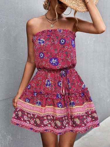 Women Cotton Strapless Boho Floral Boob Tube Bandeau Top Summer Beach Mini Dress - Picture 18 of 26