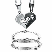 His and Hers Stainless Steel Couple Heart Pendant Necklaces Bracelet 2 Sets Gift