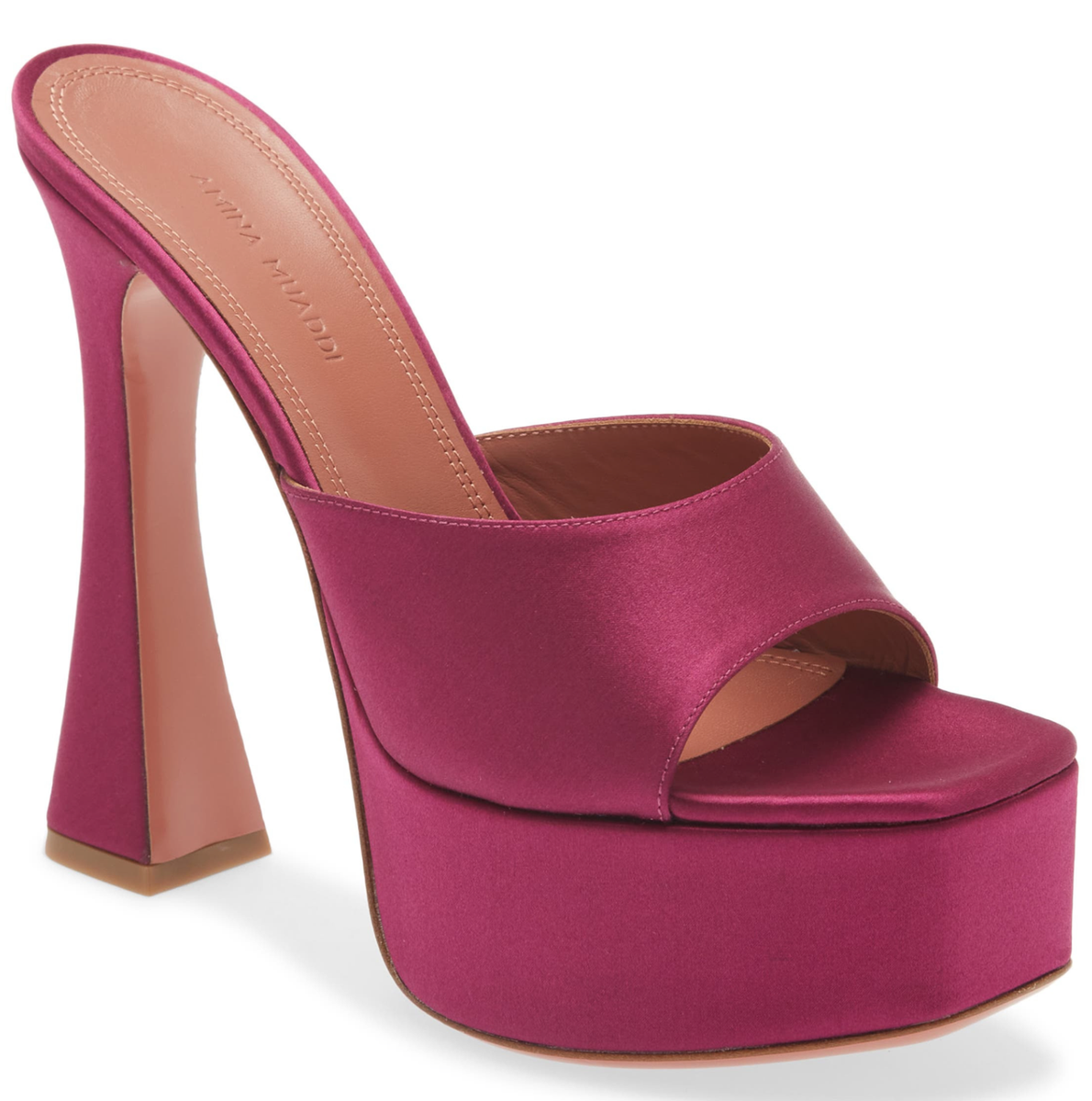 NIB Amina Muaddi Dalida Magenta Satin Open Toe Platform Mule Pumps
