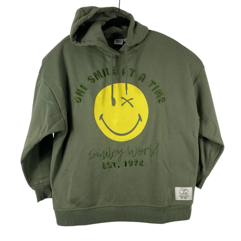 Smiley World Mens Green Long Sleeve Embroidered Hooded Sweatshirt Size  Medium