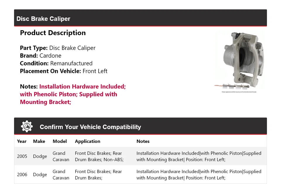 Pinza de freno de disco delantera izquierda cardone para Dodge Grand Caravan 2005-2006 Foto 2 de 4