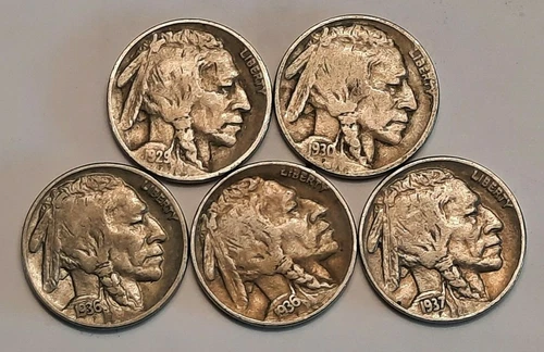 Five 5 Full Date Buffalo Nickels with Five Different Dates!