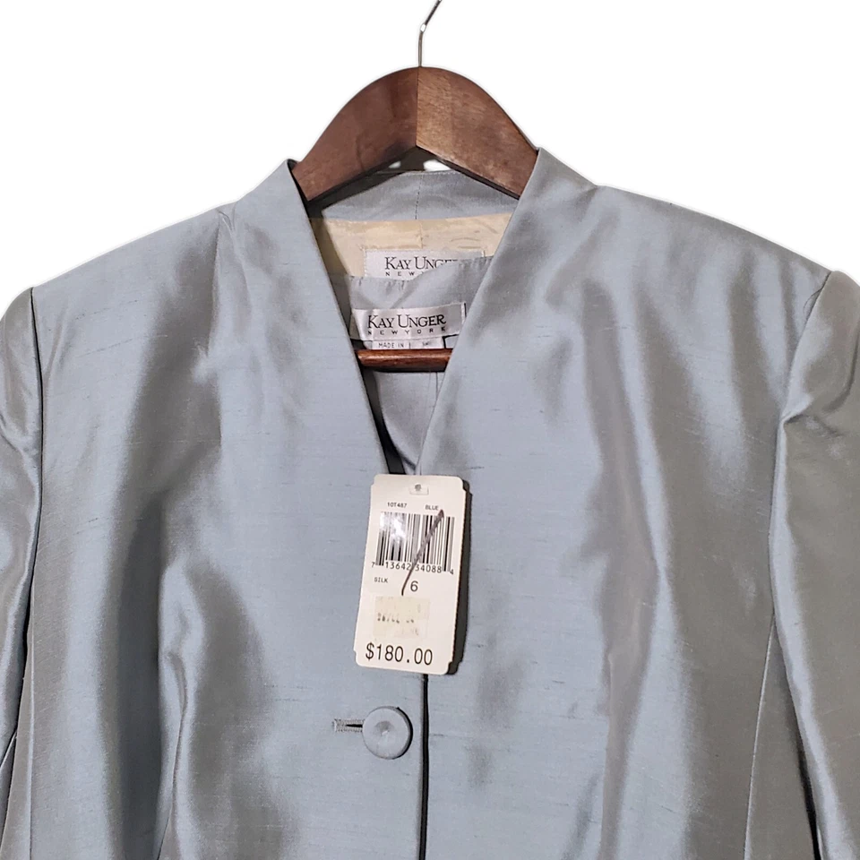 Conjunto Blusa Chaqueta Blazer Kay Unger Azul Detalle Lazo Talla 6 Seda 2 Piezas Mujer Foto 2 de 4